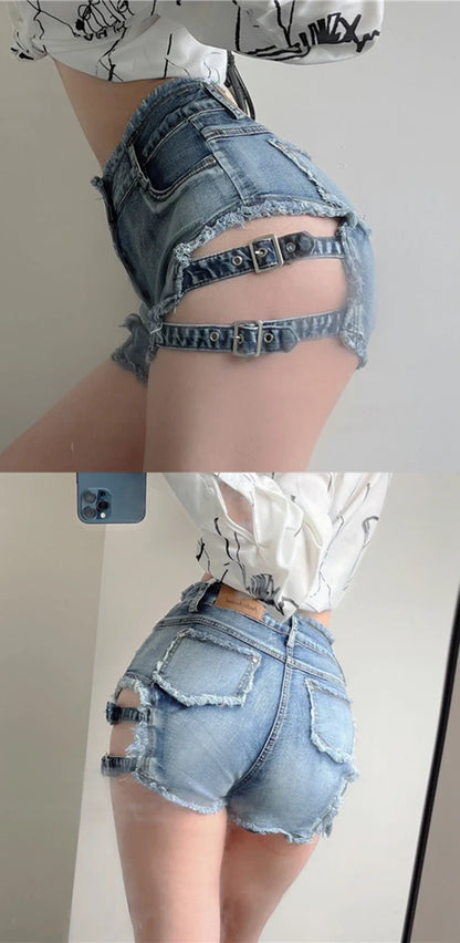 Y2K Denim Shorts Women Sexy Hollow Out Short Jeans Streetwear Korean Fashion High Waist Slim All Match Short Hot Pants New