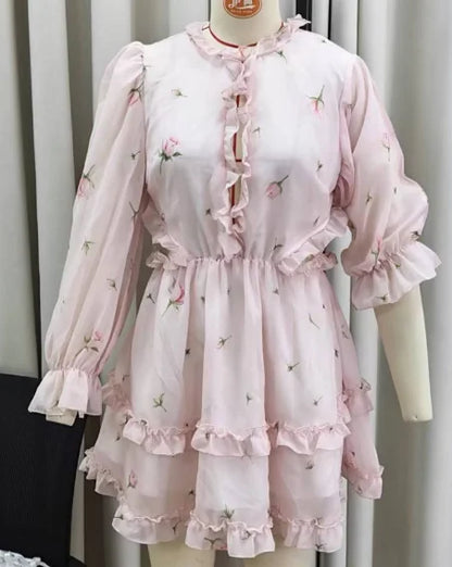 Women Floral Print Mini Dress V-neck Balloon Sleeve Keyhole Detail Tiered Ruffle Hem Dresses 2026 New Summer Holiday Party Gowns