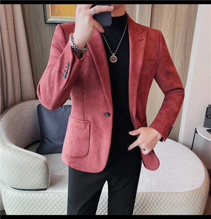 Classics Autumn Winter Suede Suit Jackets Fashion New Solid Slim Fit Business Office Social Blazer Wedding Top Mens Clothing 4XL