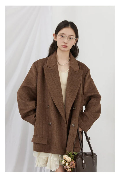 Women Woolen Blazer Loose Vintage V Neck Female Jacket Suit Double Breasted Office Ladies Coat Spring Autumn 2025