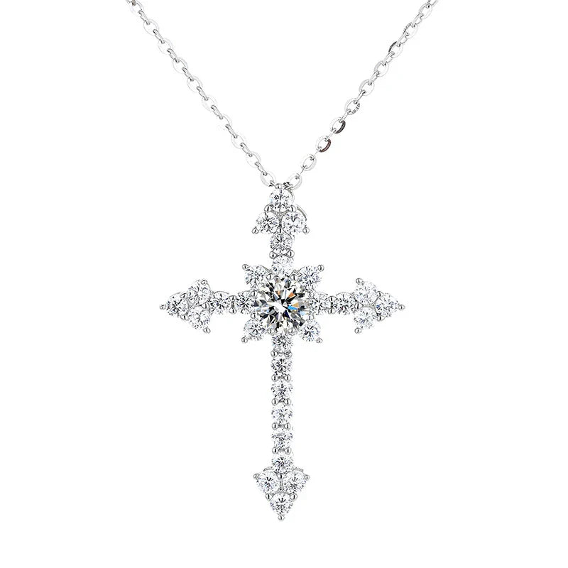 Real 1 Carat Moissanite Cross Pendant Necklace For Women 100% 925 Sterling Silver D Color Diamond Necklaces Fine Jewelry