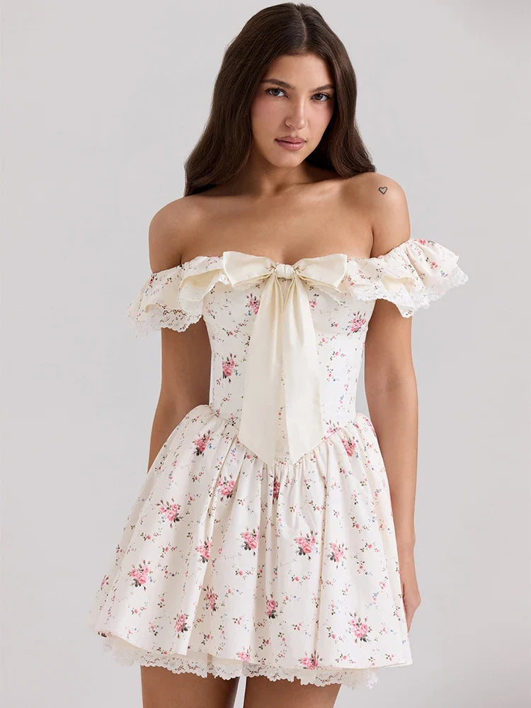 Summer Fashion Off The Shoulder Dress Elegant Printed Holiday Party Dress Casual A-line Dress 2025 Women's Clothing