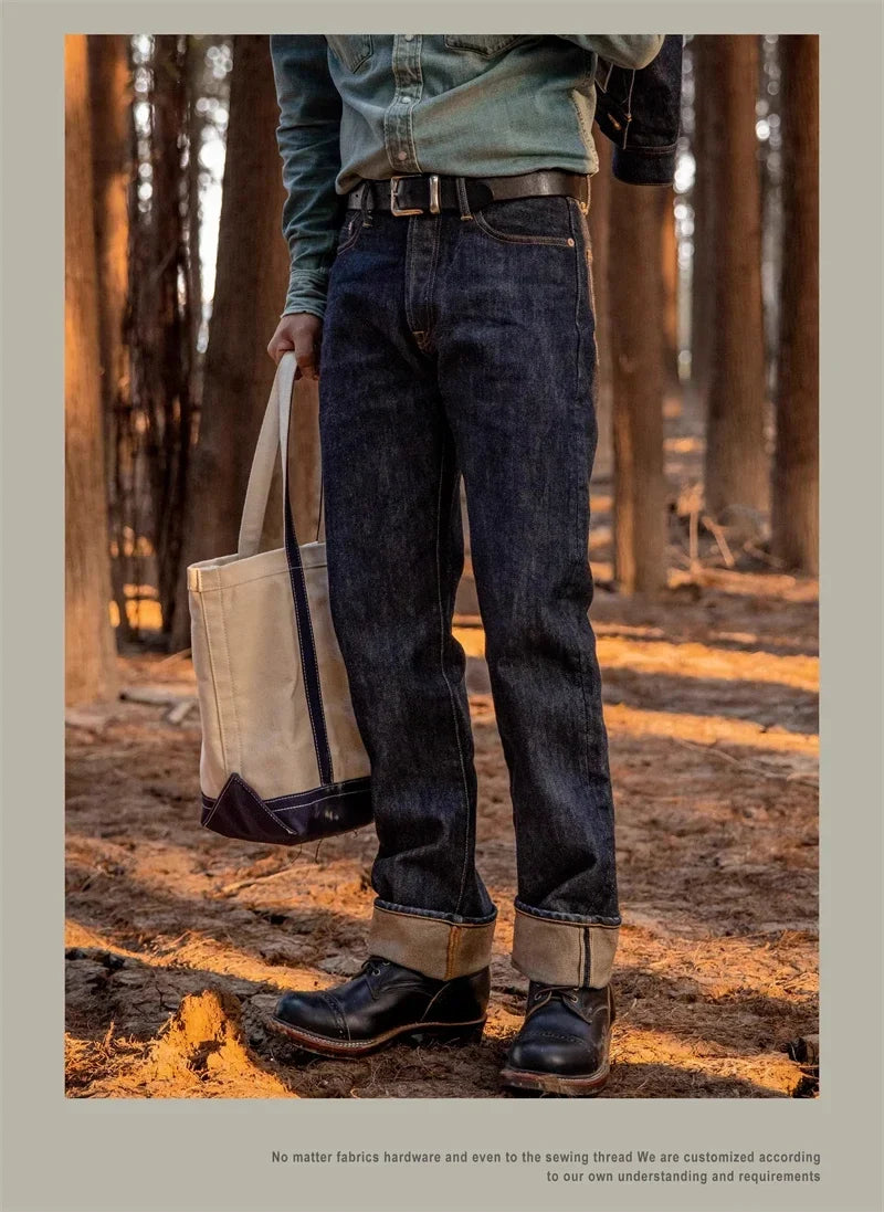 21oz Selvedge Denim Straight Cut Jeans Indigo Rugged Style Men Pants