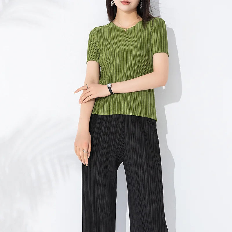 Miyake Pleated Short Sleeve Women's 2023 Summer New Thin Stretch Crew Neck All-Matching Slim Fit Pleated Hollow T-shirt Women