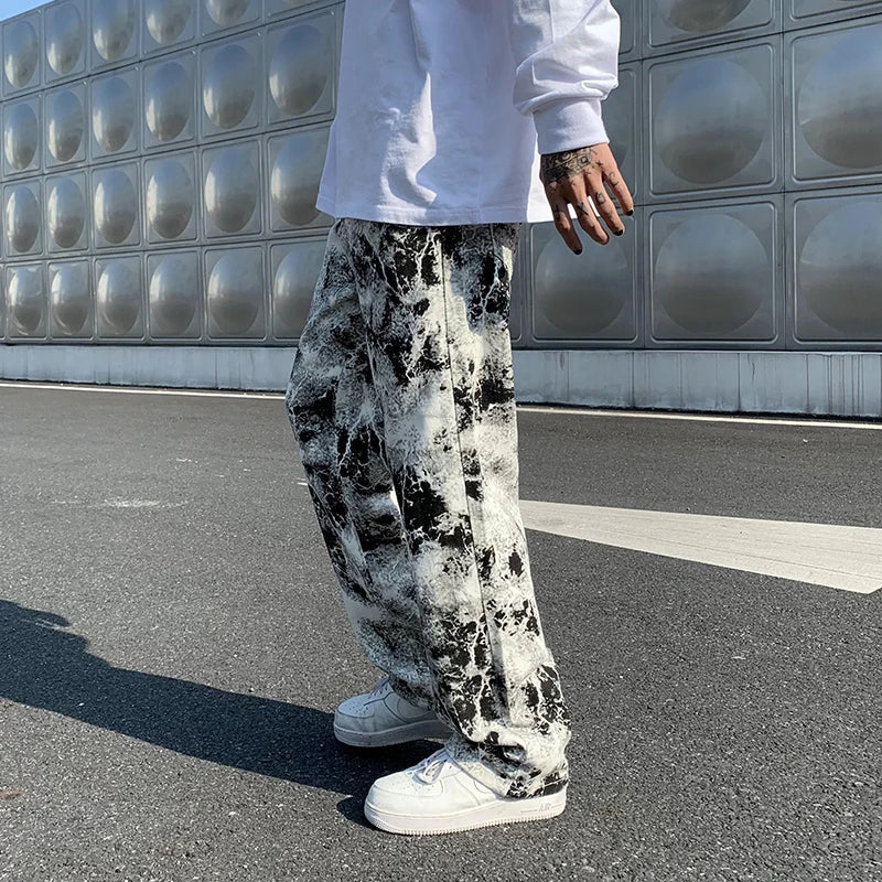 Printed Jeans Unisex Elastic Waist Spring 2025 Mopping Trousers Jeans Mens Fashion Korean Style High Street Loose Hip Hop Pants