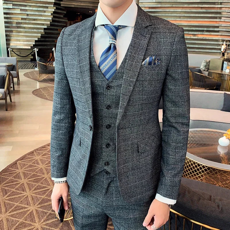 Blue Men Classic Striped/Checked Suits, Asian Size Slim Fit Business Office 3-Piece Sets, Black/Gray and Red Available.