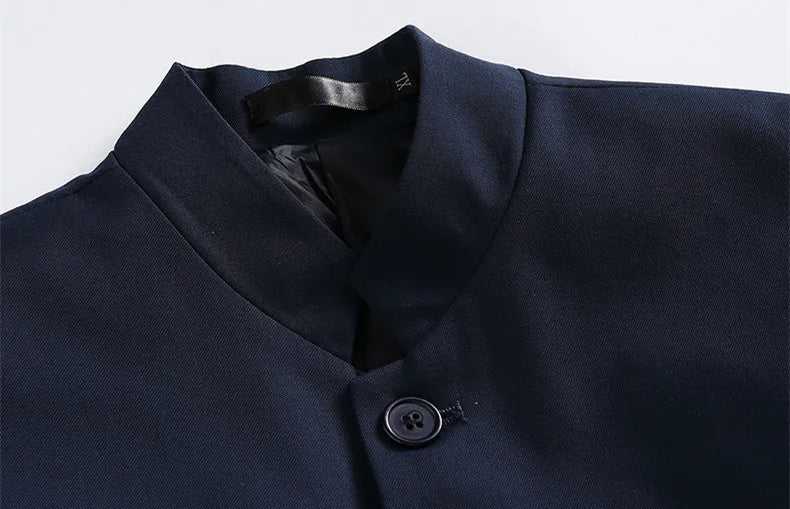2026 New Men's Stand Collar Long Sleeve Suit Jacket, Asian Size Chinese-Style Slim-Fit Blazer in Dark Blue/Red/Grey/Black/White