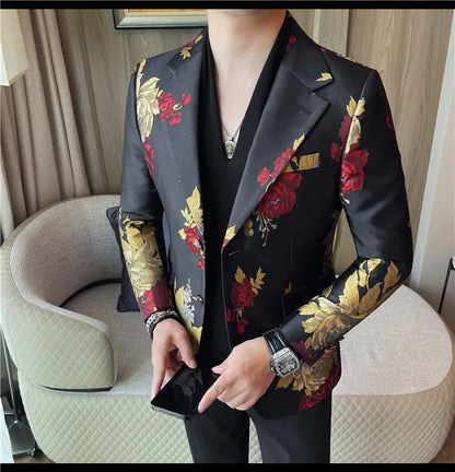 New Men Embroidered Jacquard Slim Fit Casual Suit Jacket Formal Prom Party Stage Costume Man Tuxedo Gentleman Blazers Suit Tops