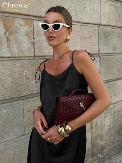 Fashion Loose Brown Satin Womens Dresses 2025 Summer Strap Sleeveless Floor Length Dress Sexy Backless Female Dress