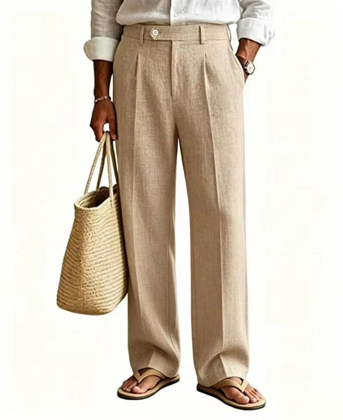 Beige Men's Linen Pants Breathable Cool Straight Leg Trousers High Waist Pleated Lightweight Summer Casual For Beach Vacation
