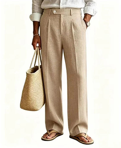 Beige Men's Linen Pants Breathable Cool Straight Leg Trousers High Waist Pleated Lightweight Summer Casual For Beach Vacation