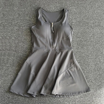 Tennis Skirt Casual Half Zipper Sports Fitness Dress Anti-Running High Waist Slim Golf Yoga Dress