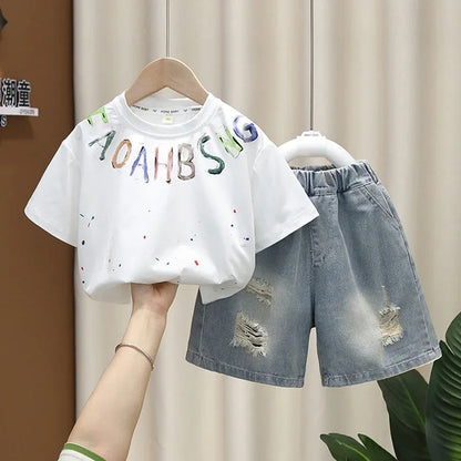 Korean Baby Boys Summer Sets Children's Clothing Short-Sleeved Letter T-Shirt & Denim Shorts Kids Boys Outfits Clothes 2-11Y