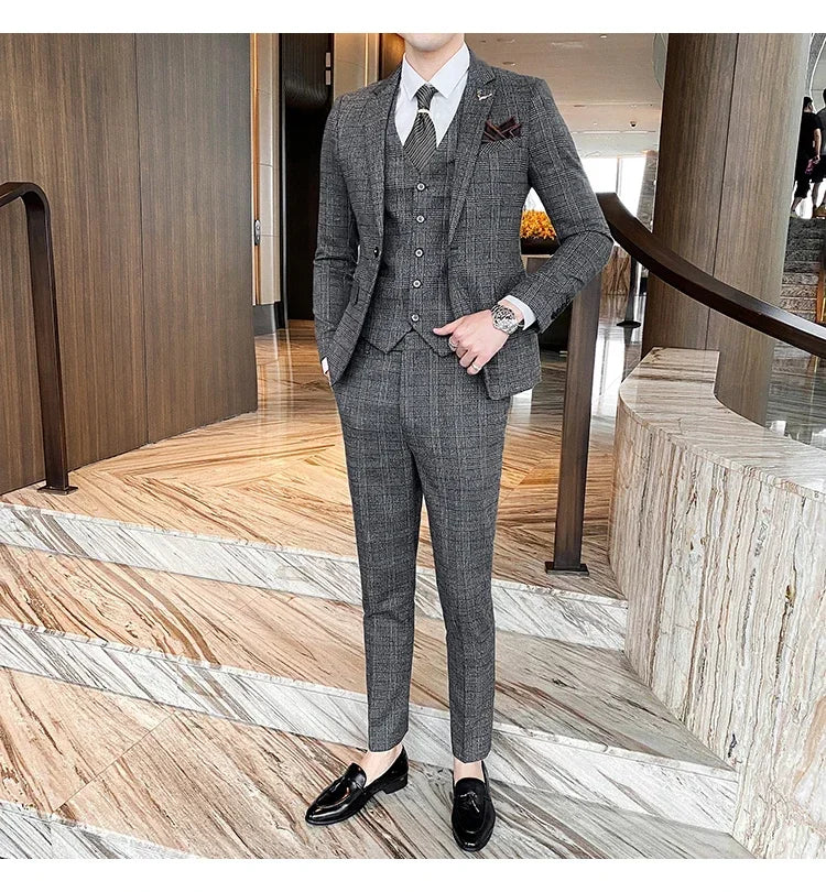 Men's Suit 3 Piece, Business Casual Jacket Vest with Trousers, Gray Dark Brown Slim Fit Suit, Asian Size M-5XL