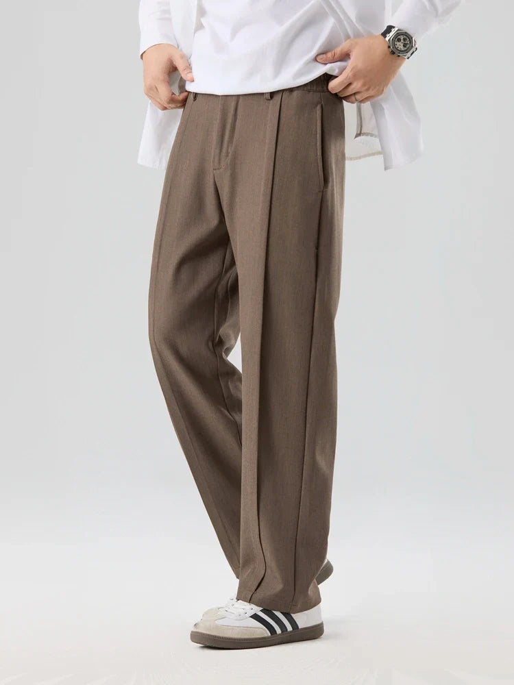 2023 New Autumn Casual Pants Men Korean Fashion Banded Waist Stretch Wide Leg Pleated Suit Slacks Straight Loose Drape Trousers