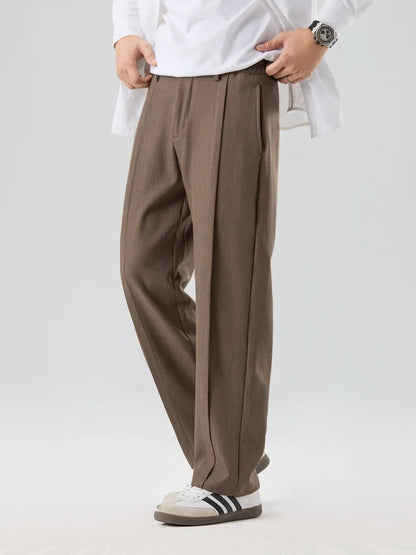 2023 New Autumn Casual Pants Men Korean Fashion Banded Waist Stretch Wide Leg Pleated Suit Slacks Straight Loose Drape Trousers