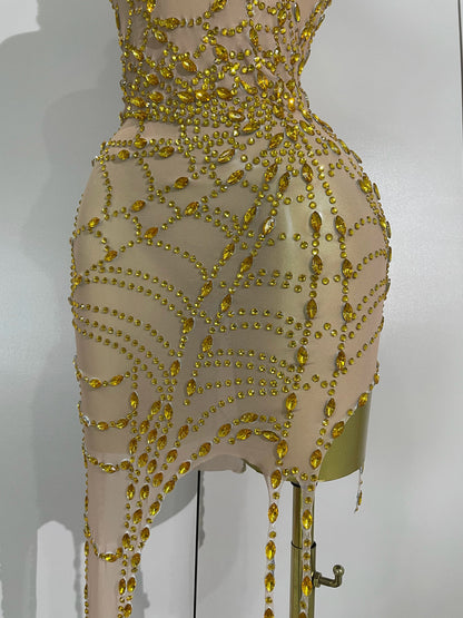 STOCK Sparkly Diamond Sexy Mesh Asymmetric Bodycon Mini Dress Women Nightclub Bar Party Show Gogo Dancer Clothing Stage Costume