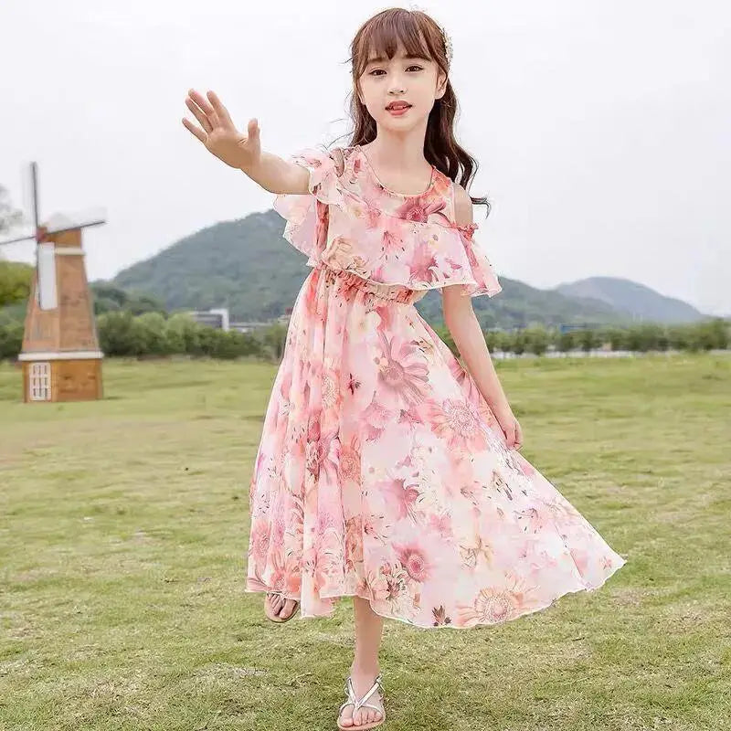 Thin Girl Summer Dress Robe Fille Floral Chiffon Princess Dress Children's Clothing Summer Girls Casual Dresses Kids Vestidos