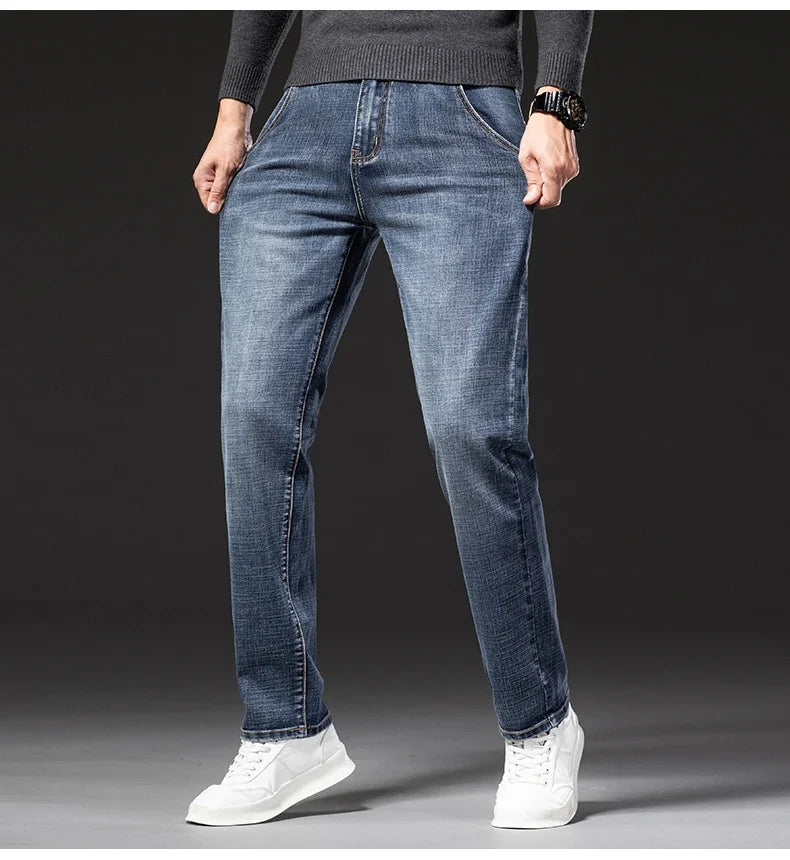 New Spring Summer Plus Size 40 42 44 Men Straight Loose Jeans Business Fashion Denim Stretch Pants Male Brand Trousers