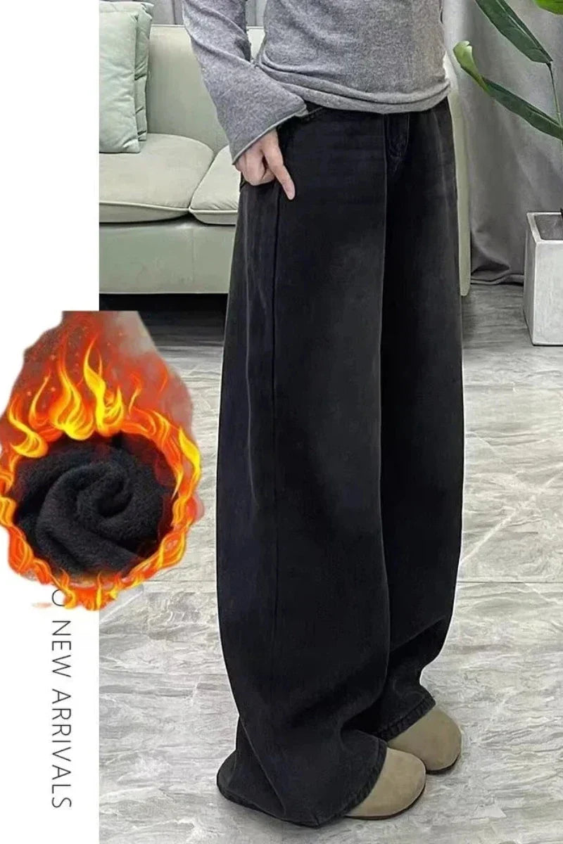 Womens Jeans Y2k Jeans Flared Trousers Black Gray Straight Leg Winter Warm Fleece Lined Loose Fit High Waist Wide Leg Fashion