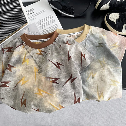 Children Handsome Suit Casual Clothes Summer New Zaidan Lightning T-shirt with Necklace+ Ripped Jeans 2Pcs/set Infant Tracksuits