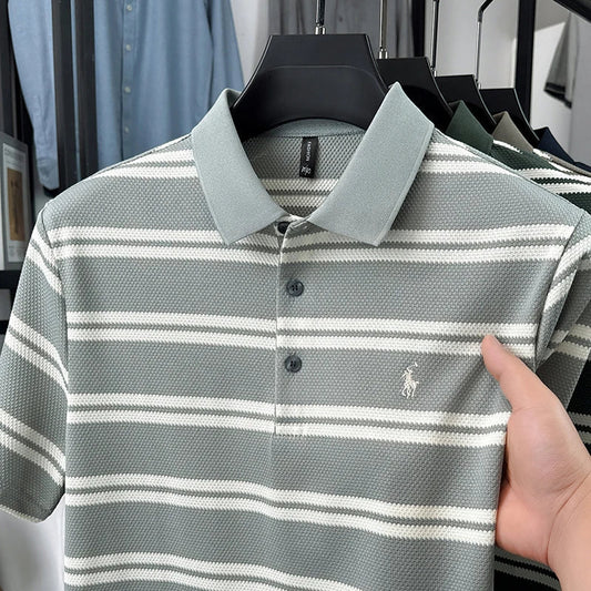 2026 New Men's Summer Short Sleeved Lapel Striped Polo Shirt, Business Casual Cool T-shirt