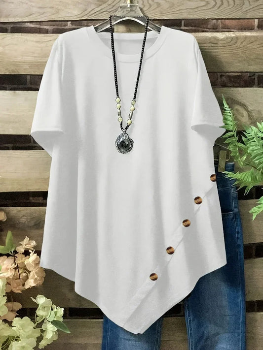 Plus Size New Summer Women's Solid Color Round Neck Tops Button Decoration Creative Irregular Hem Clothing Short Sleeved T-shirt