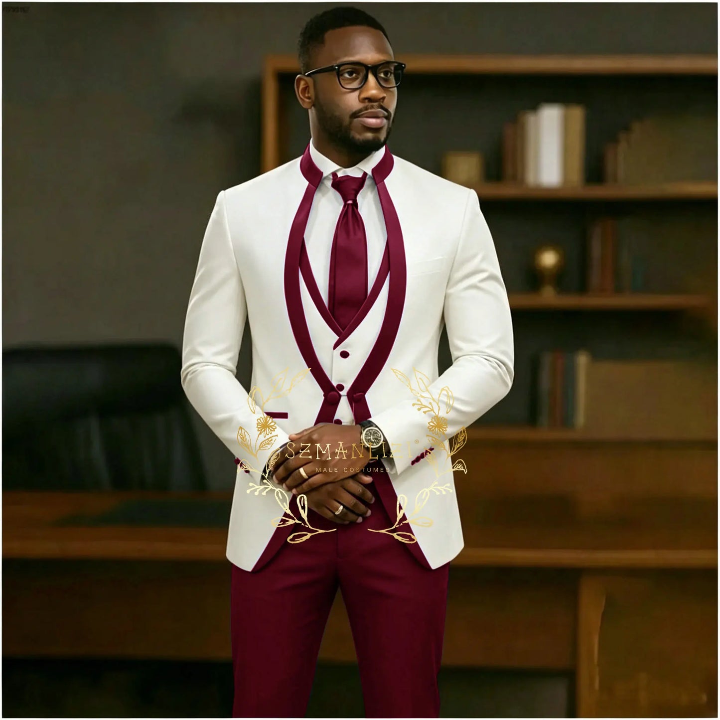 Handsome Formal Tuxedos Suits For Men Wedding Party Dress Slim Fit 3 Pieces Groomsmen Jacket Vest Pant 3 Piece Male Costume