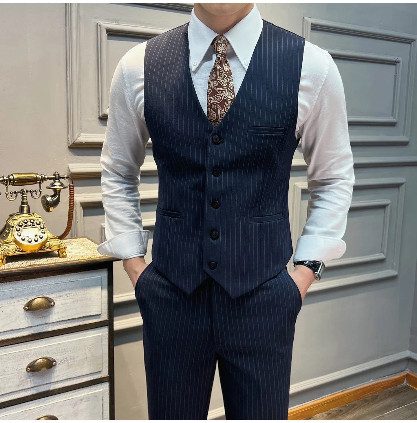 5XL-M( Vest + Pants) High-end Brand stripe Suit Vest 2 pieces Men Luxury Fashion Groom Wedding Vest Set Male Club Party Clothing