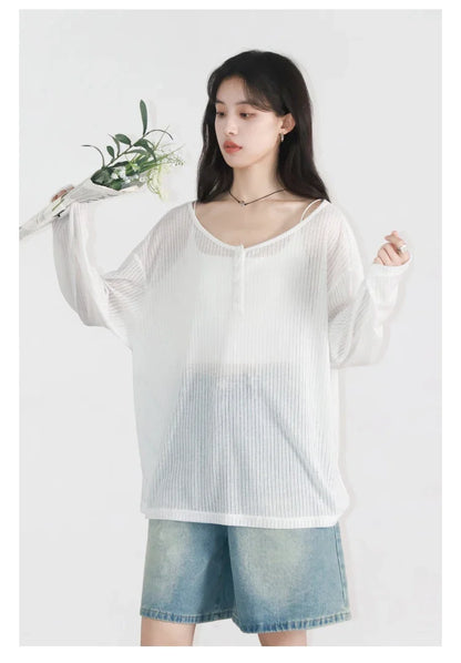 Women T-Shirts Casual Loose New Slightly Transparent O Neck Female Top Thin Sun Protection Tees Spring Summer 2025