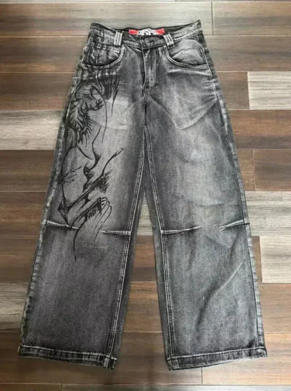 American Street Trend Letter Embroidered Loose Jeans Men Harajuku Y2K New Hip Hop Oversized Wide-leg Pants Unisex Mopping Jeans