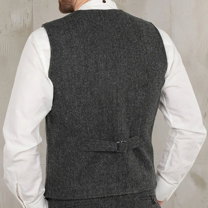 Men Vest Dark Gray Herringbone V Neck Waistcoat For Wedding Business Birthday Banquet Work Office Casual Daily Men Suit Vest