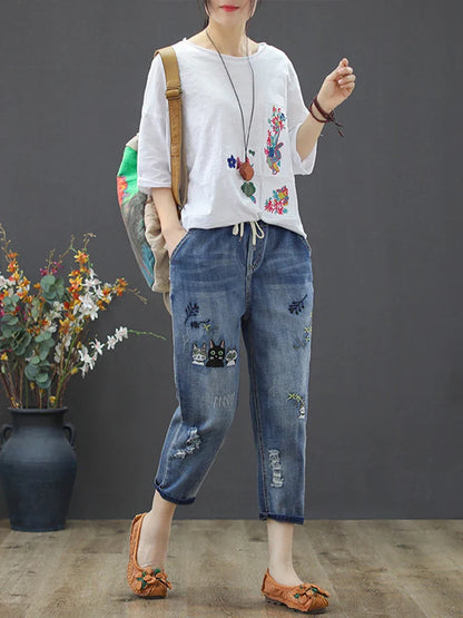 2025 Fashion Summer Streetwear Denim Trousers Ladies Vintage Elastic Jeans Womens Casual Loose Embroidery Harem Pants