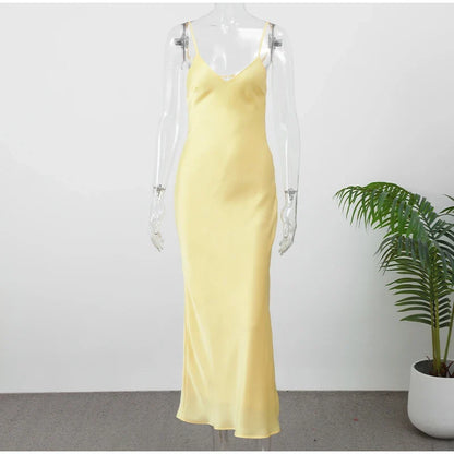 Yellow Satin Sling Dress Women Elegant V Neck Sleeveless Backless High Waist Maxi Dresses 2025 Summer Lady Party Evening Robes