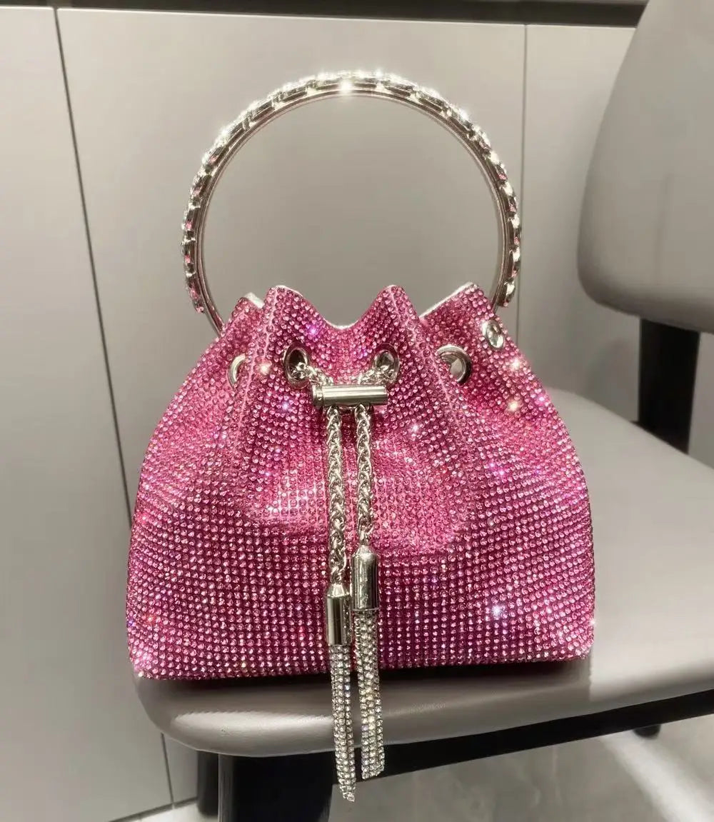 Rhinestones Diamond Evening Clutch Bag Luxury Designer Metal Ring Women's Handbag Wedding Party Bling Bucket Purse Shoulder Bag