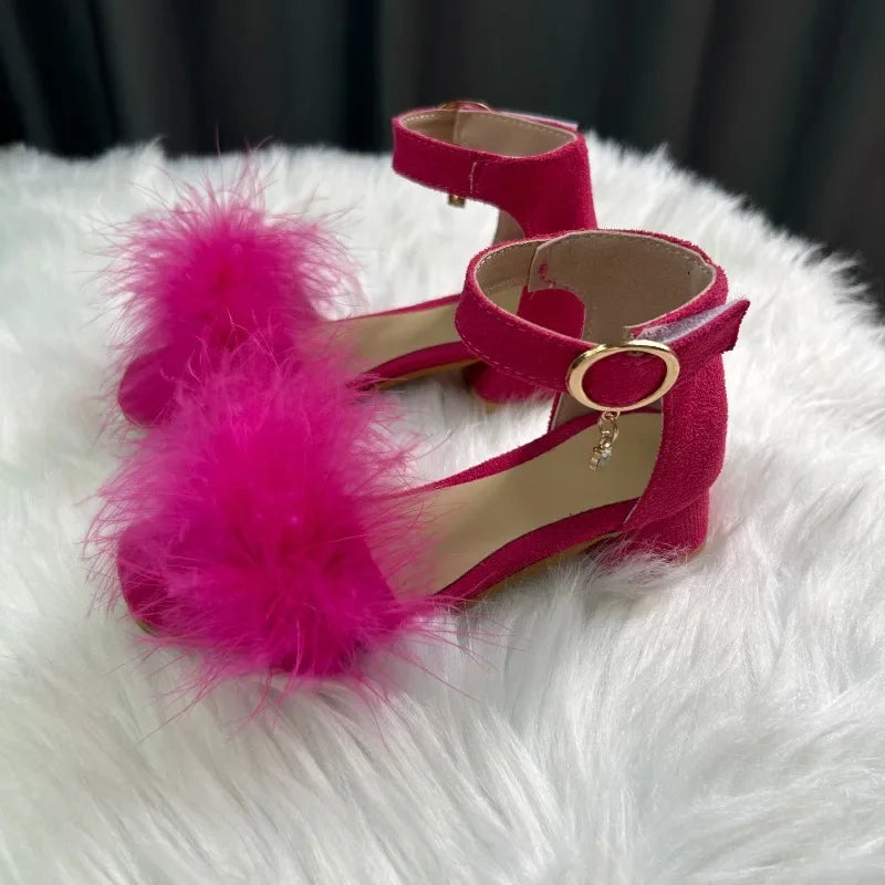 New Girls Low-heels Sandals Summer Fluffy Kids Princess Catwalk Shoes Open-toe Versatile Children Fashion Wedding Party Sandals