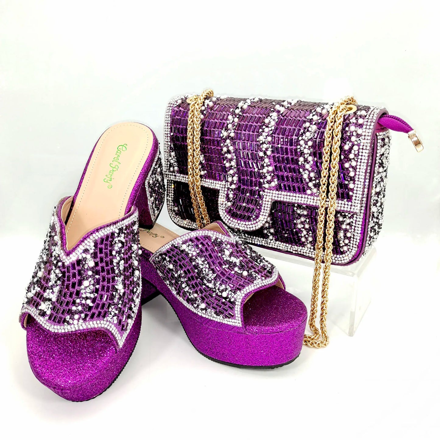 Italian Design Fashion Crystal Fish Mouth High Heels Elegant, Exquisite, And Mature Women's Sandals And Square Bag Set