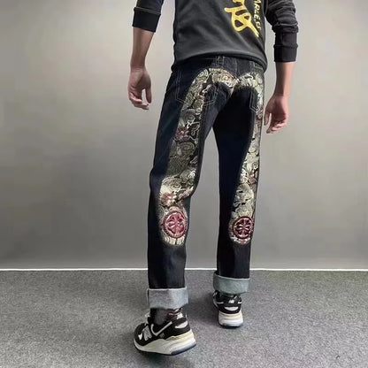 Men's Japanese Handmade Embroidered Jeans Pure Cotton Straight Tube Hip-Hop Popular Slim Red Ears Show Thin Trousers Devil Black