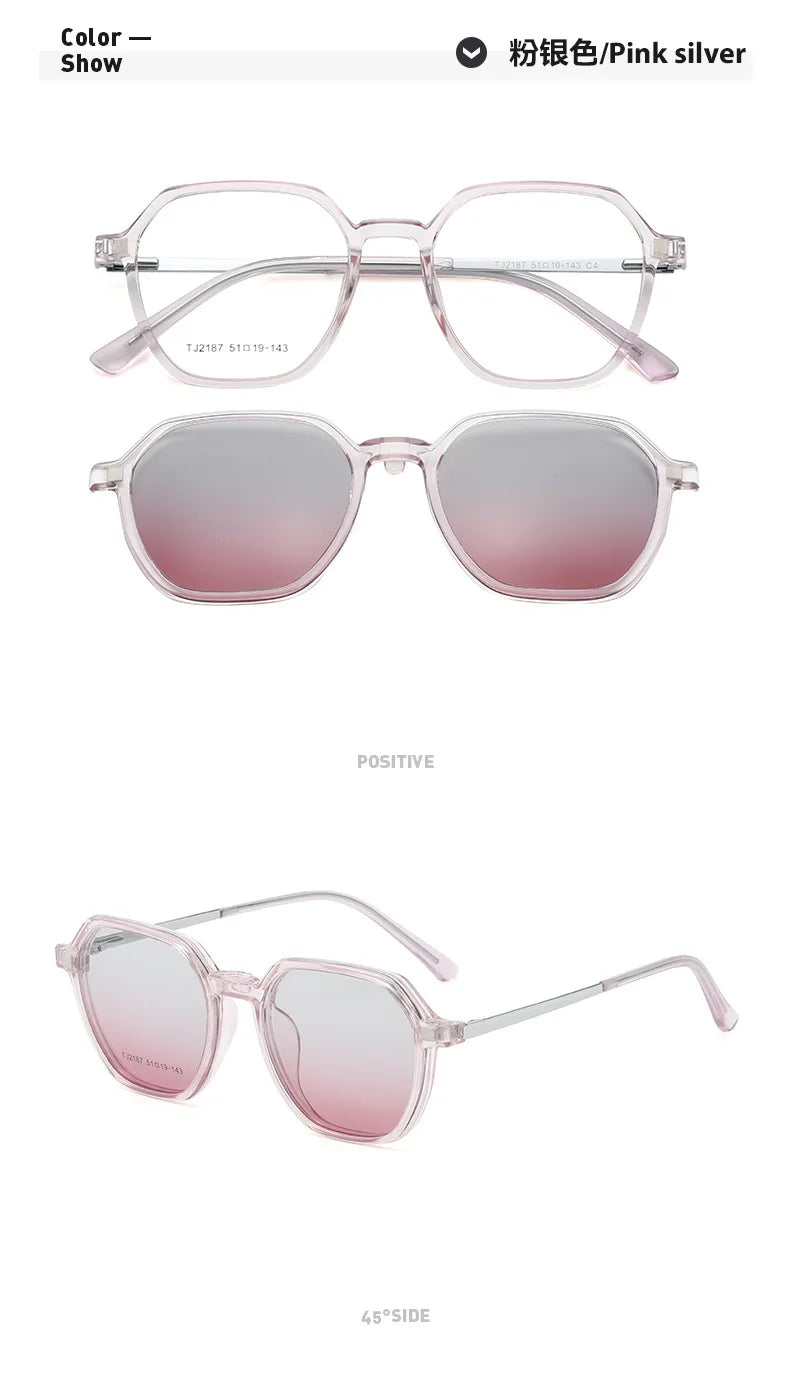 Magnetic Clip on Glasses Women Driving Polarised Polygonal Optical Myopia Eyewear Men Custom Prescription Glasses TJ2187