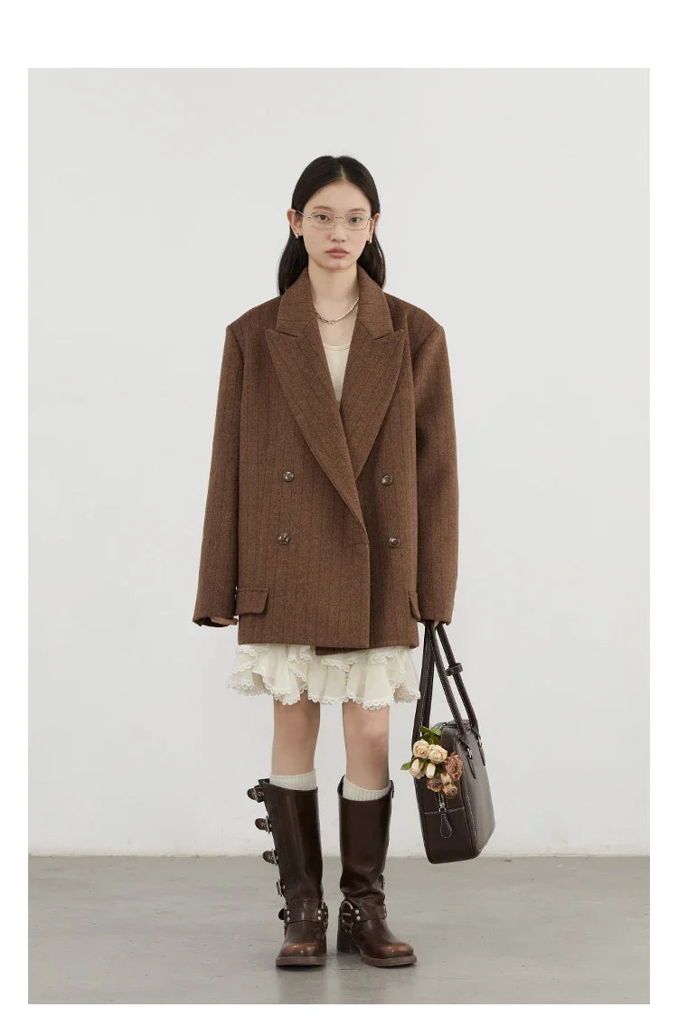 Women Woolen Blazer Loose Vintage V Neck Female Jacket Suit Double Breasted Office Ladies Coat Spring Autumn 2025