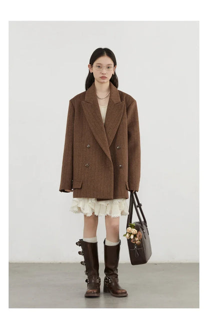 Women Woolen Blazer Loose Vintage V Neck Female Jacket Suit Double Breasted Office Ladies Coat Spring Autumn 2025
