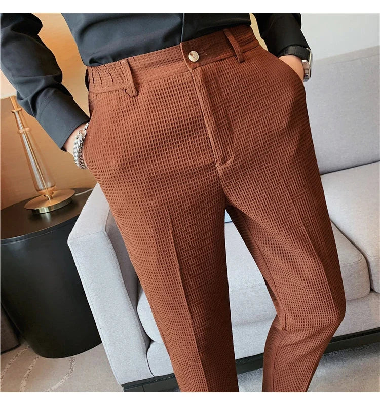 2024 Autumn New Waffle Stretch Waist Business Formal Pants Men Fashion Wedding Slim Trouser Mens Brand Social Party Suit Pants