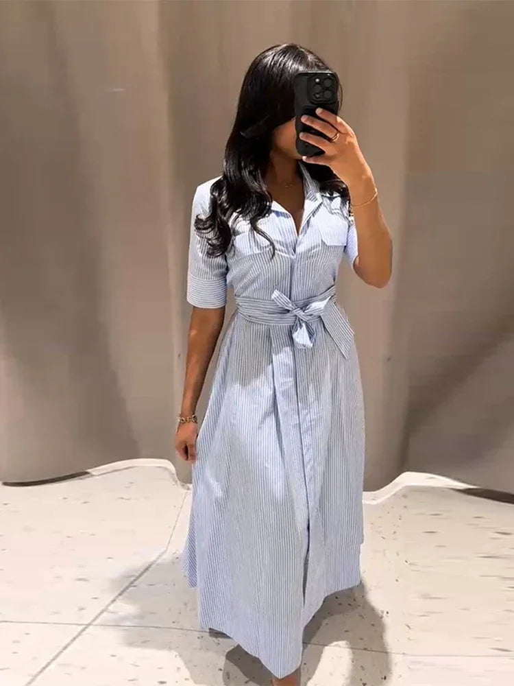 Elegant Women's Striped Long Dress Summer Lace Up Turn-Down Collar Single-breasted Blue A-line Dresses 2026 Lady Holiday Robes