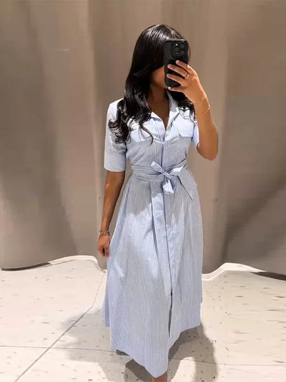 Elegant Women's Striped Long Dress Summer Lace Up Turn-Down Collar Single-breasted Blue A-line Dresses 2026 Lady Holiday Robes