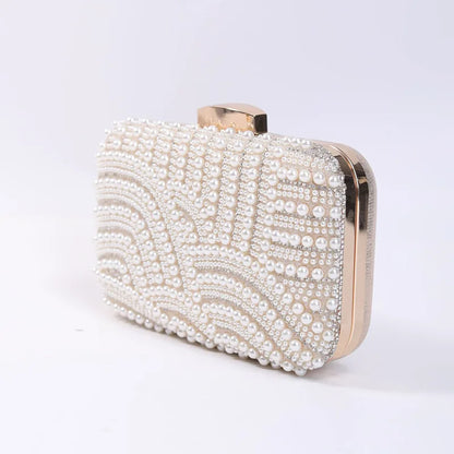 Ladies Pearl Elegant Evening Bag Fashionable Stylish Beading Wedding Dinner Party Banquet Dress Clutch Bag with Long Chain Purse
