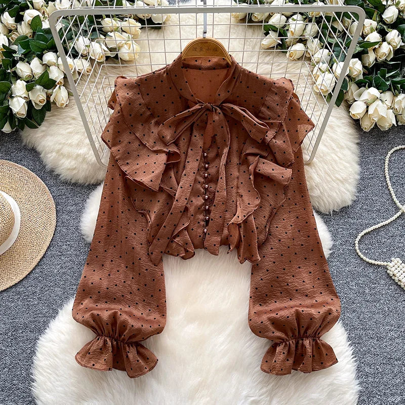 French Sweet Long Sleeved Blouse Women's Clothing Spring Autumn Bow Ruffle Edge Polka Dot Printed Chiffon Shirt Top C42