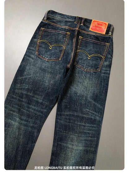 High Quality 100% Cotton Washed Yellow Selvedge Denim Jeans for Men American Vintage Casual Spring Autumn Loose Straight Pants