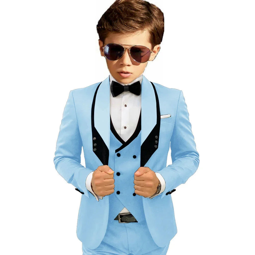 Sky Blue Elegant Shawl Lapel Tuxedo 3 Pieces Formal Banquet Outfit High Quality Children's Stylish Suit Set Party Wear 2-20T
