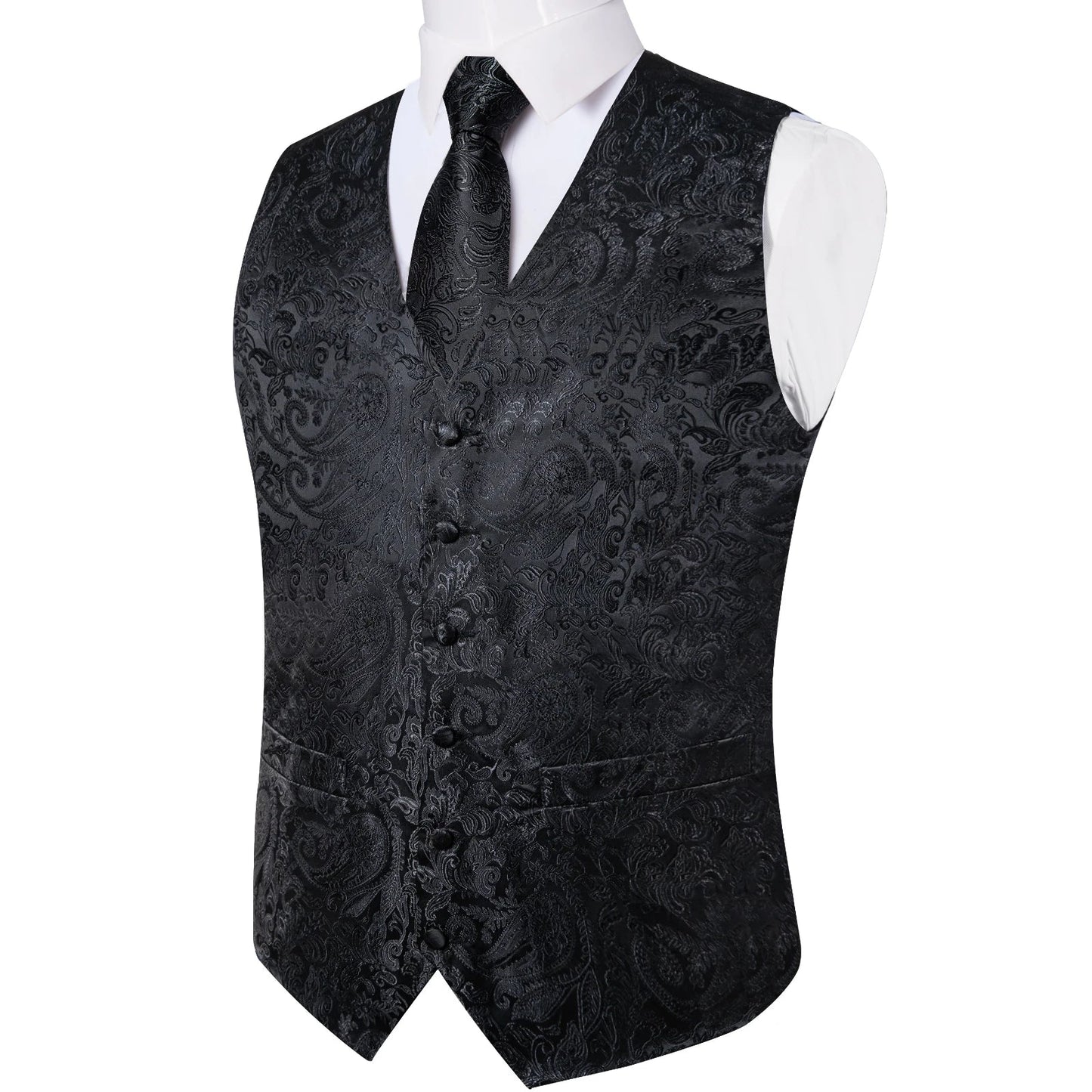 Suit Vest for Men Black Solid Paisley Wedding Prom Groom Jacquard Waistcoat with Necktie for Tuxedo Men Clothing