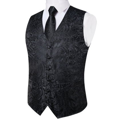 Suit Vest for Men Black Solid Paisley Wedding Prom Groom Jacquard Waistcoat with Necktie for Tuxedo Men Clothing